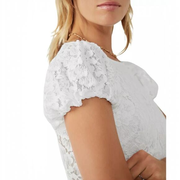 NEW Free People NWT Hailee Lace Mini Dress XS Puff Sleeve Whimsy Smocked Tie - Picture 3 of 5